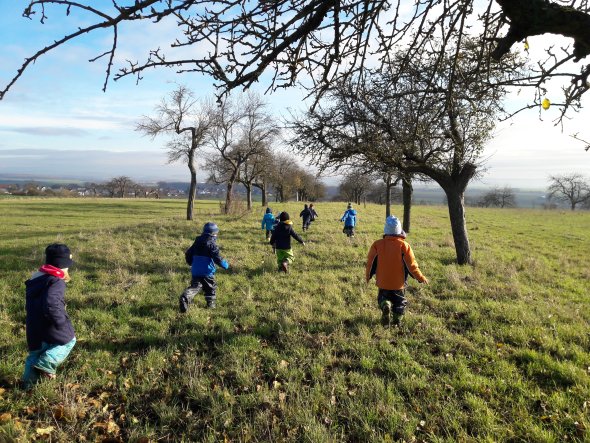 Kinder auf einer Streuobstwiese