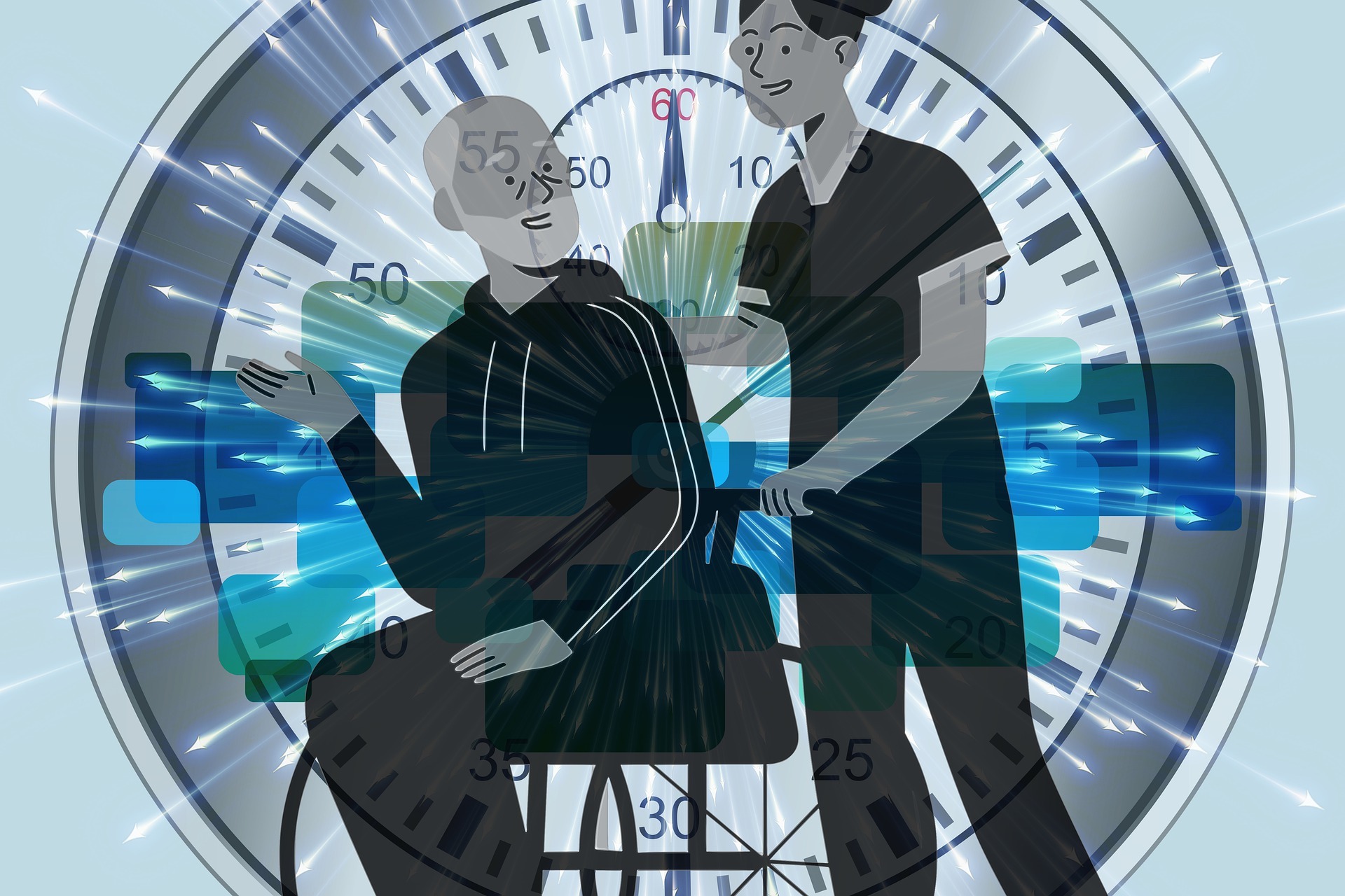 Grafik Junger und alter Mensch vor Uhr