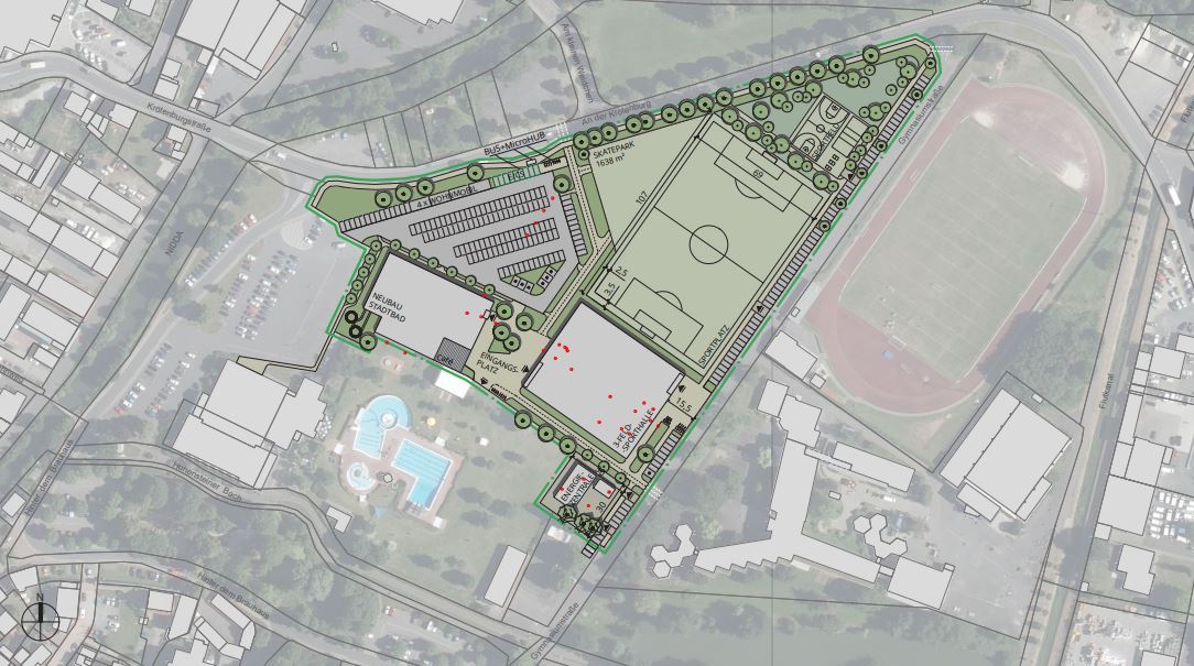 Hallenbad-Neubau - Luftbild mit Plan