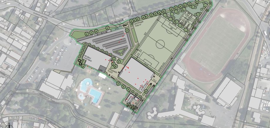 Hallenbad-Neubau - Luftbild mit Plan