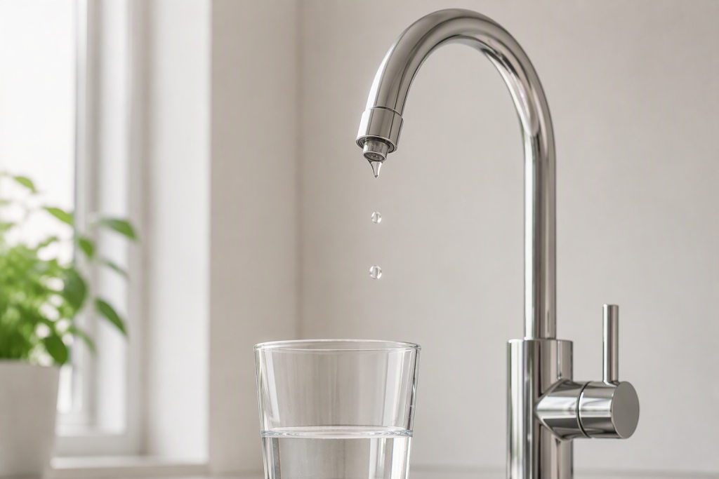 Foto Wasserhahn mit Tropfen und ein Wasserglas