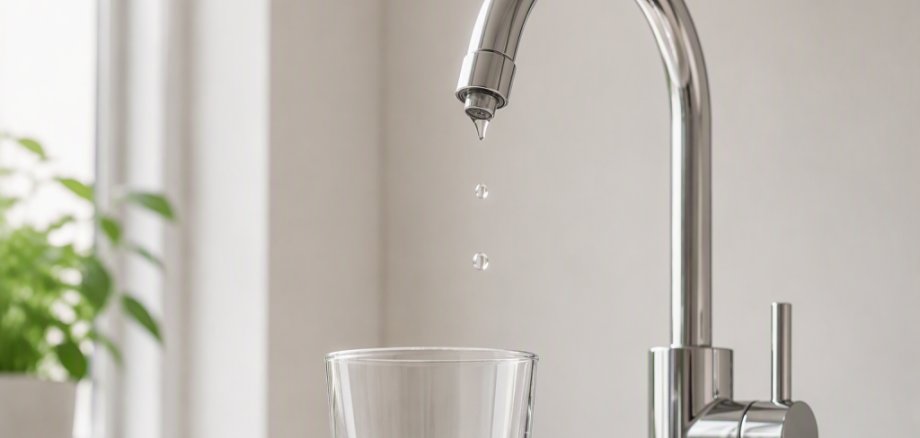 Foto Wasserhahn mit Tropfen und ein Wasserglas
